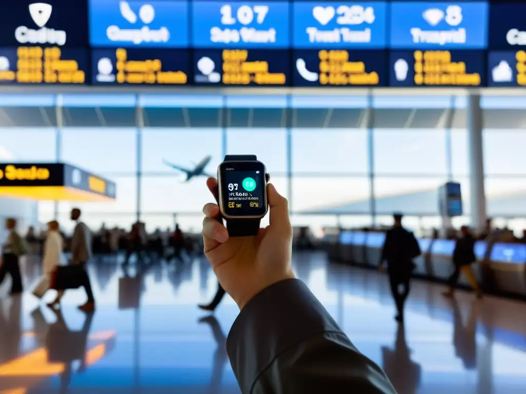 Viajero consciente utilizando wearables para monitorizar su huella de carbono en un bullicioso aeropuerto