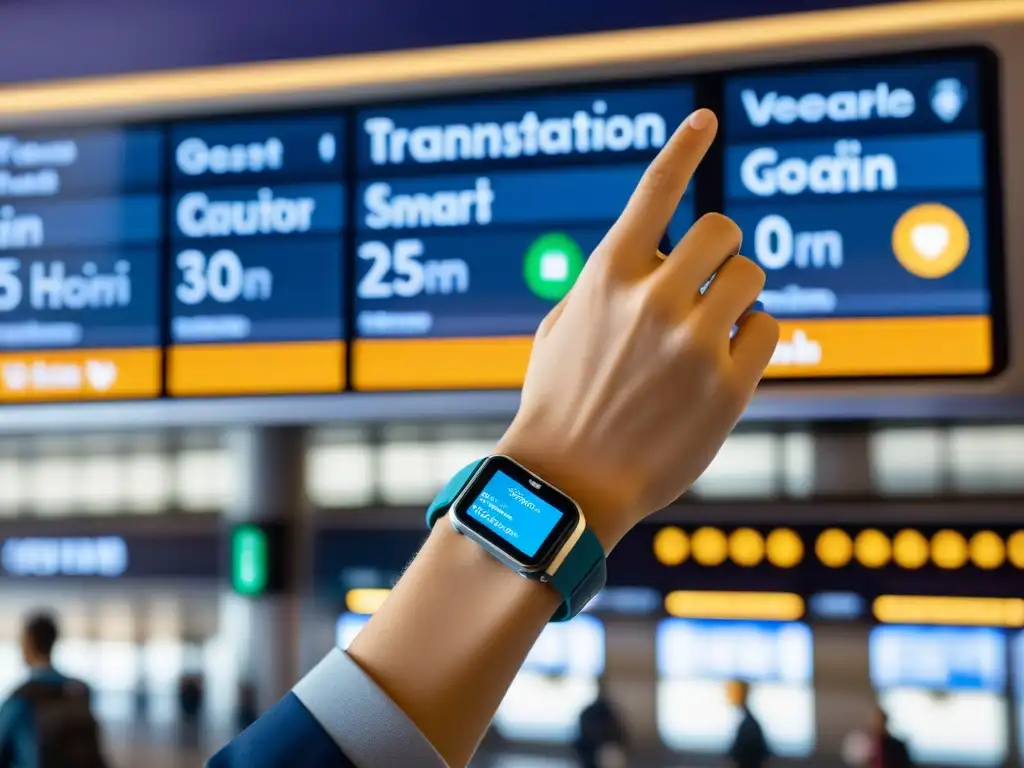 Viajero usando control gestual en transporte wearables para seleccionar destino en estación de tren futurista