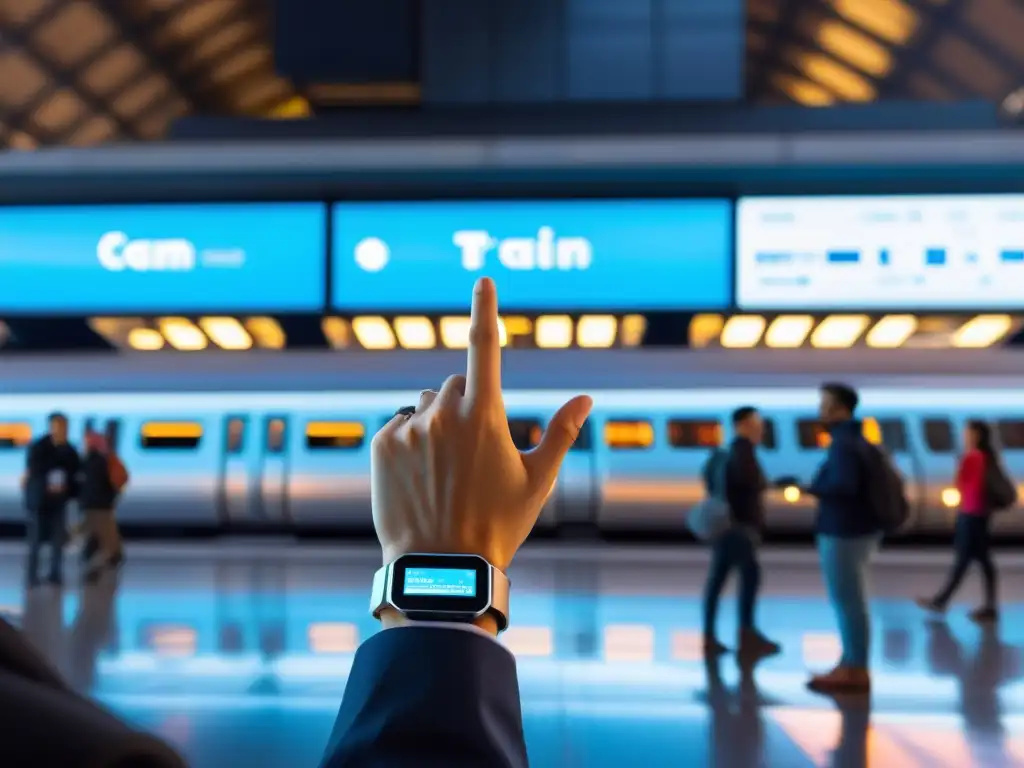 Viajero usando control gestual en transporte wearables en estación de tren futurista con tecnología y multitudes urbanas