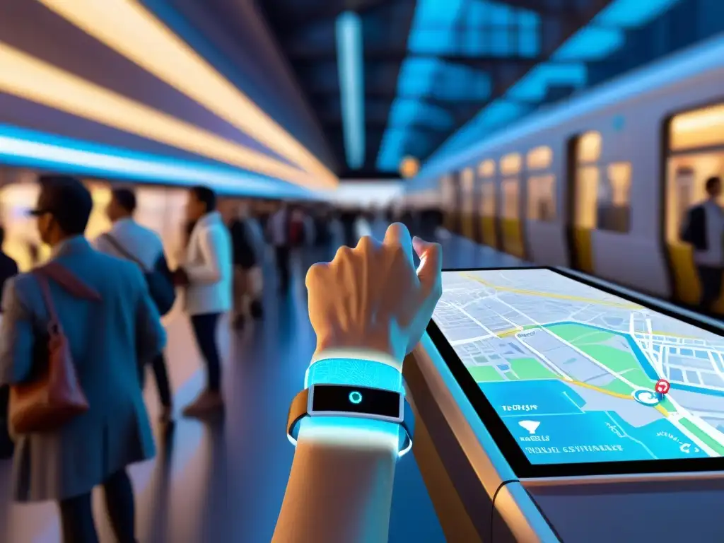 Viajero usando control gestual en transporte wearables para navegar por ciudad holográfica en estación llena de gente