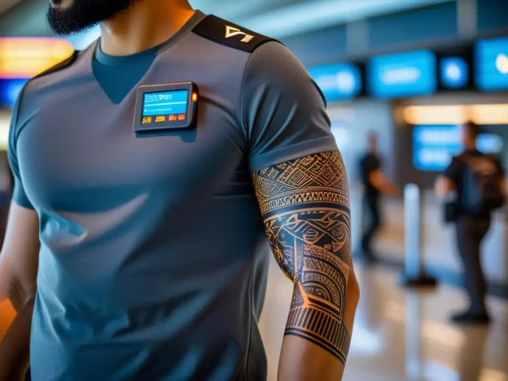 Viajero en control de seguridad del aeropuerto con tatuaje electrónico integrado, entre la tradición y la tecnología