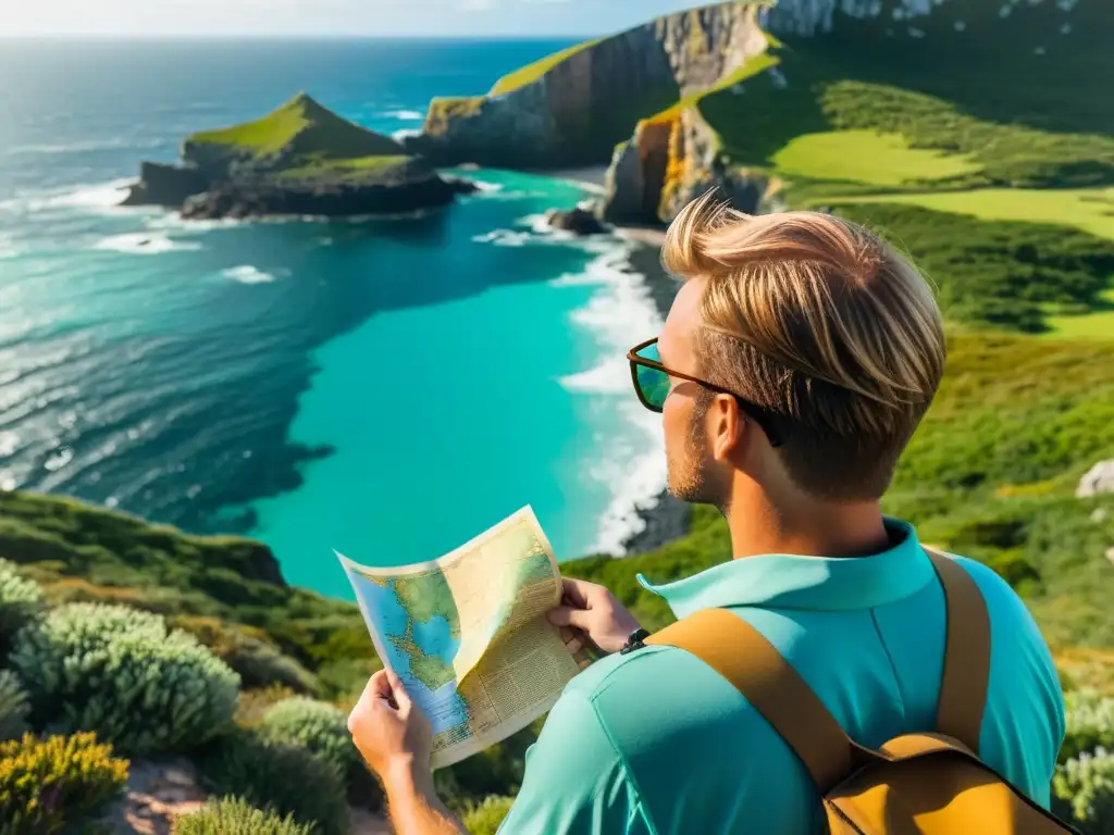 Un viajero en la costa, mirando al océano turquesa, con un mapa y una brújula