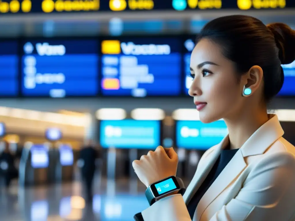 Un viajero usa un dispositivo wearable basado en voz para navegar por el aeropuerto y hacer reservas, mostrando la revolución en los viajes