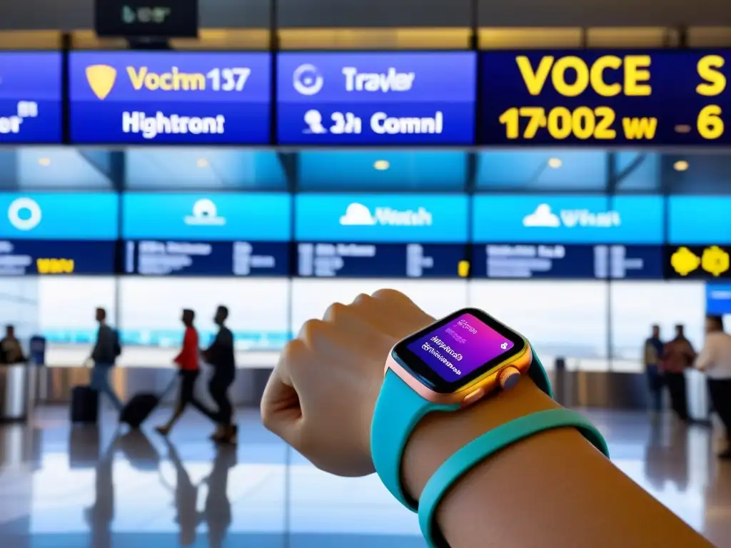 Viajero usa dispositivo wearable basado en voz para buscar información de vuelo en aeropuerto moderno y dinámico