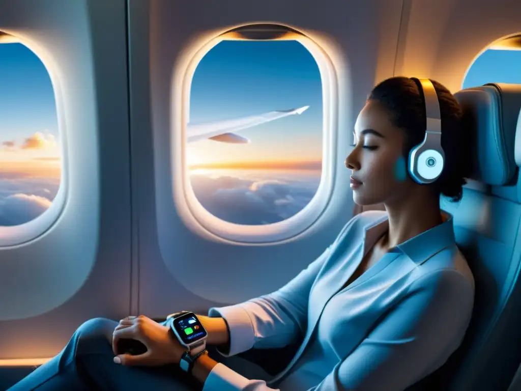 Viajero con dispositivo wearable mostrando datos de sueño, iluminado por suave luz ambiental en avión