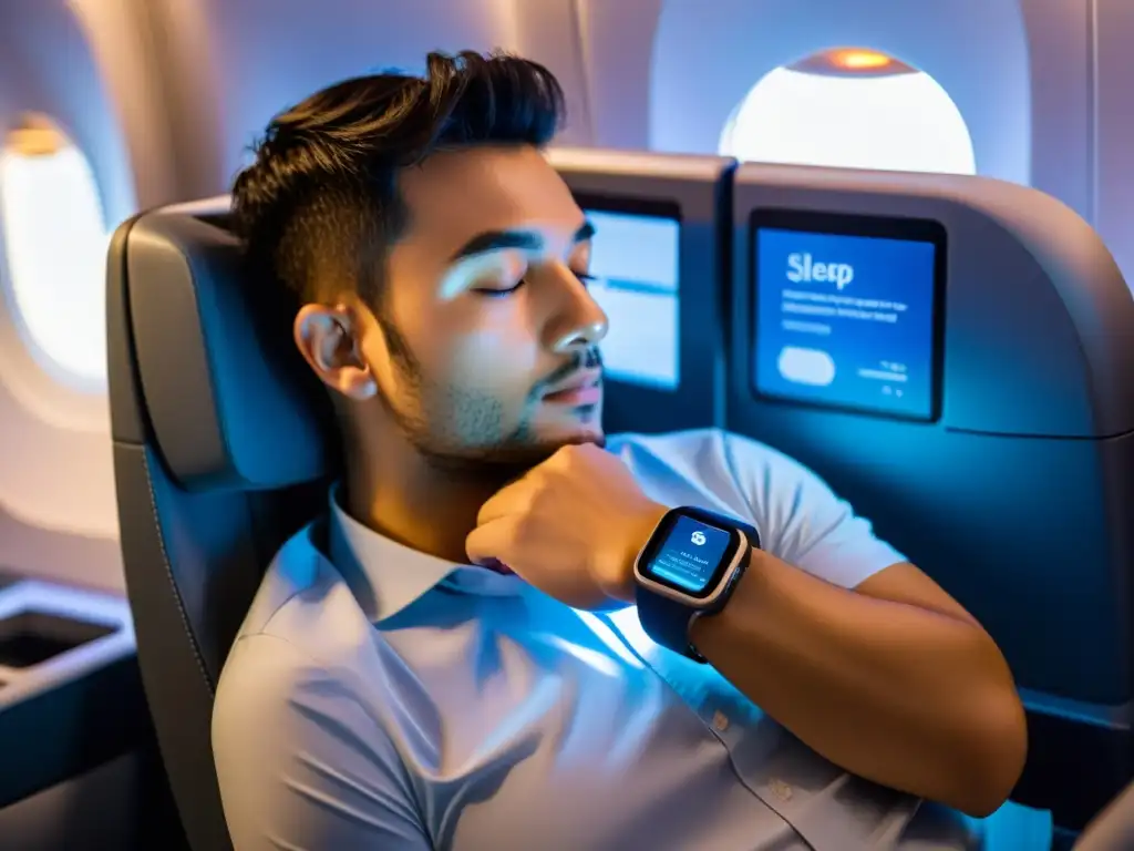 Un viajero usando un dispositivo wearable futurista para rastrear el sueño en un avión