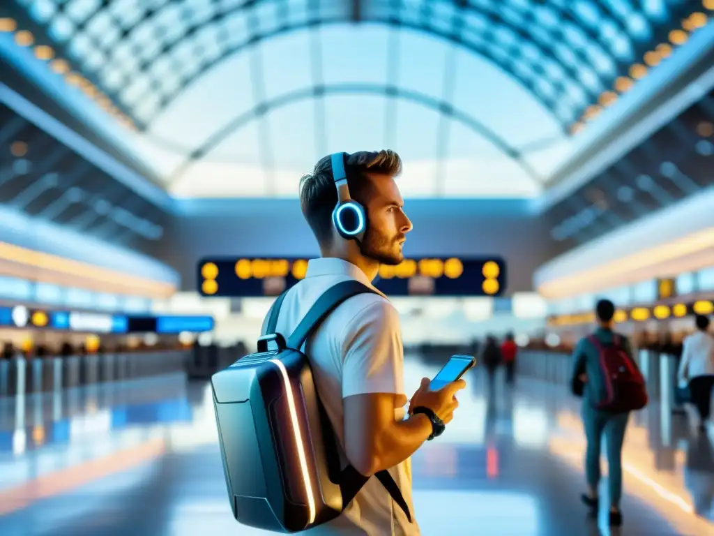 Un viajero usa un dispositivo wearable de voz en un aeropuerto bullicioso