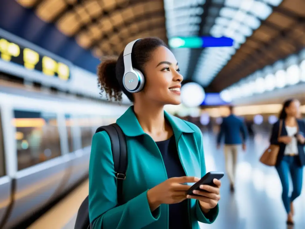 Viajero usando dispositivos wearables basados en voz en aeropuerto, integrando tecnología en su travesía de forma práctica y eficiente