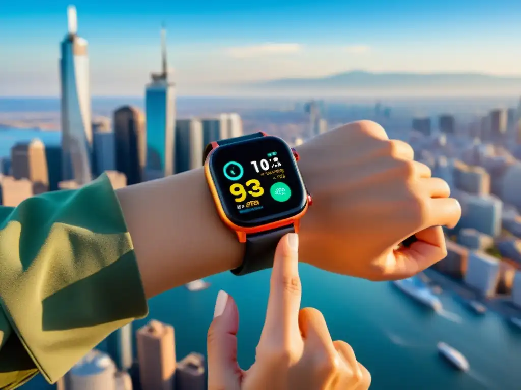 Viajero conectado: tecnología wearable para viajes modernos Viajero con dispositivos wearables para viajes, ajustando configuraciones en la app con ciudad de fondo