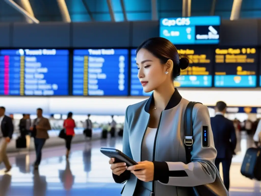 Un viajero interactúa con su elegante chaqueta inteligente en un bullicioso aeropuerto, mostrando actualizaciones de vuelo en la pantalla de la manga