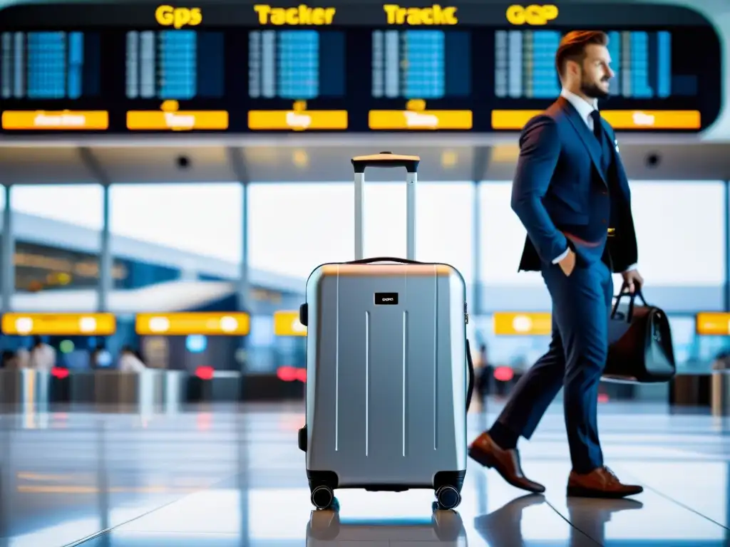 Viajero elegante maniobra maleta inteligente tecnología última generación en aeropuerto moderno