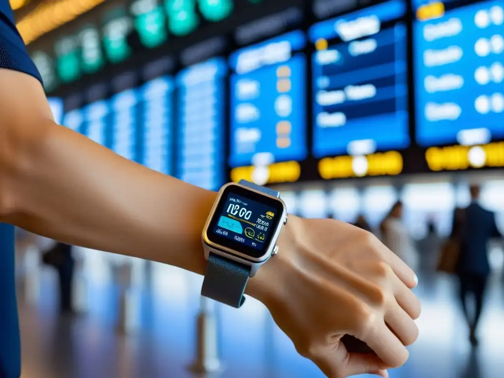 Un viajero muestra su elegante reloj inteligente, con múltiples zonas horarias, en un bullicioso aeropuerto