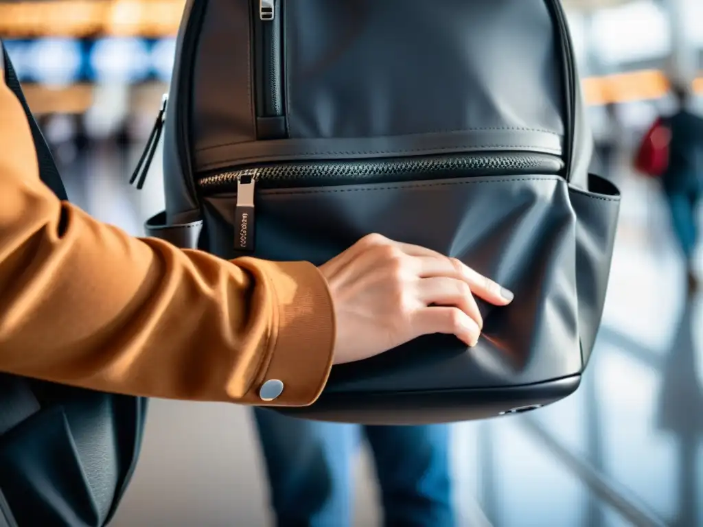 Un viajero saca unos elegantes auriculares inalámbricos de su mochila en un aeropuerto bullicioso, capturando emoción y comodidad