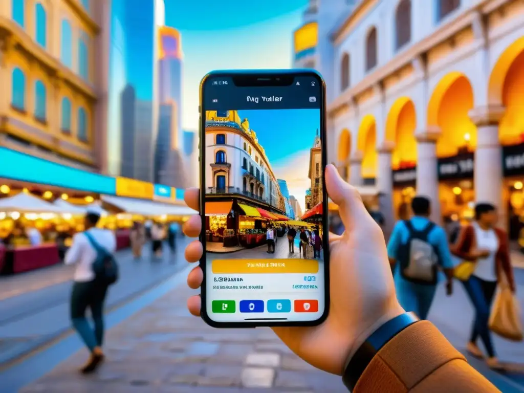 Un viajero emocionado utiliza una app de navegación en su smartphone para explorar una ciudad extranjera llena de vida y contrastes arquitectónicos