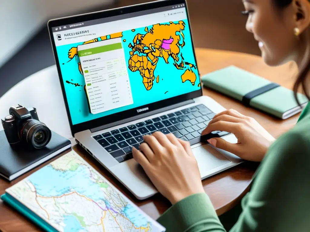 Un viajero emocionado documenta su aventura con herramientas digitales para documentar viajes, rodeado de un mapa, pasaporte y cámara
