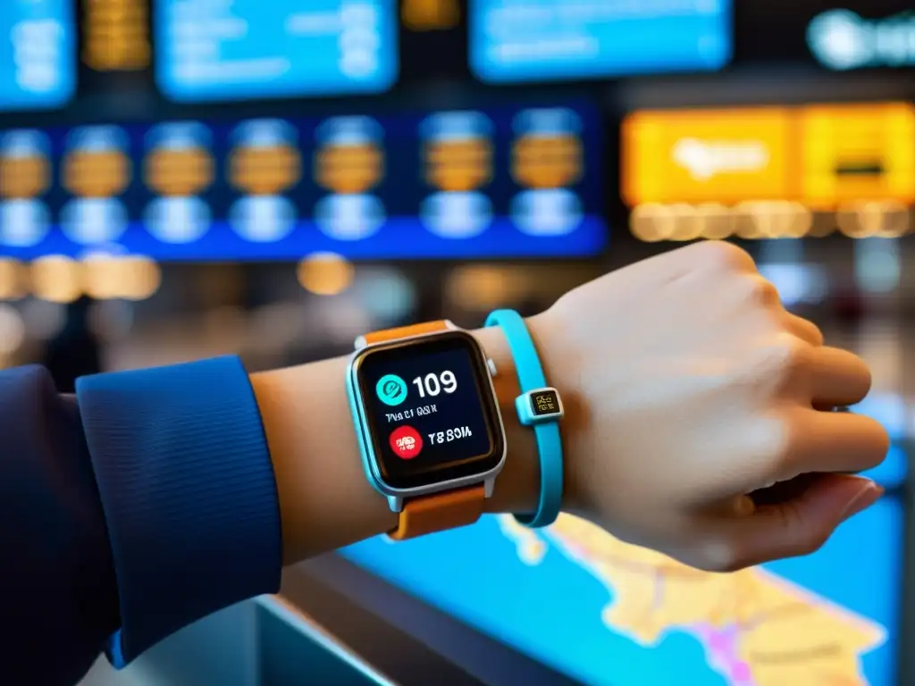 Smartwatch viajero en aeropuerto Un viajero emocionado usa un smartwatch con notificaciones de viaje, clima y mapa de ciudad extranjera