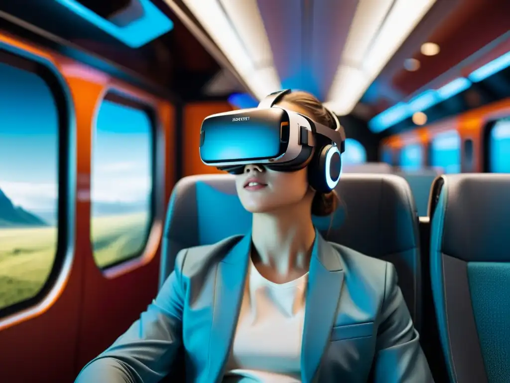 Un viajero disfruta de una experiencia de realidad virtual en un tren futurista, destacando las innovaciones tecnológicas en transportes