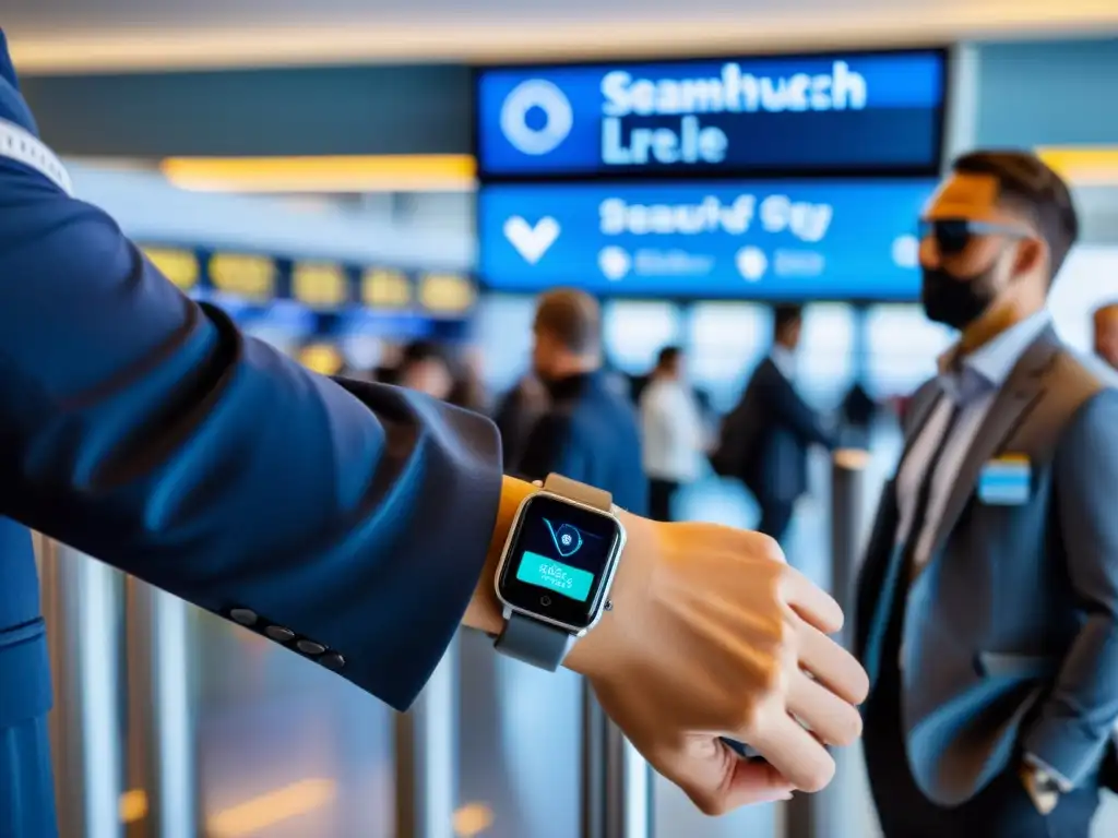 Un viajero en la fila de seguridad del aeropuerto usa un reloj inteligente futurista que muestra actualizaciones de seguridad en tiempo real