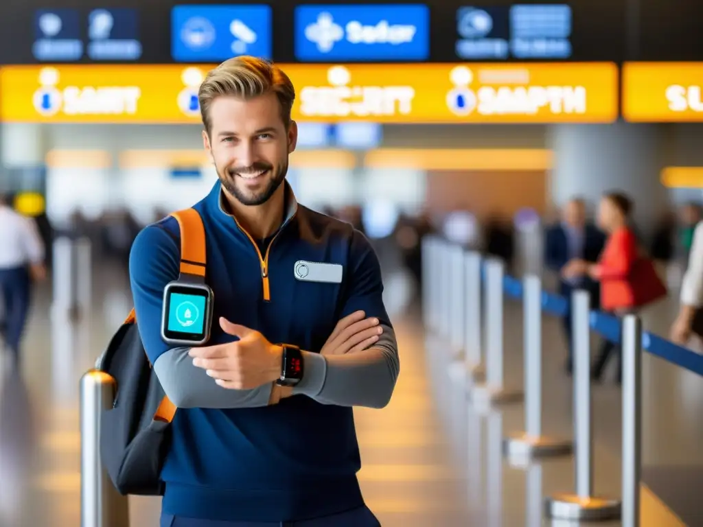 Viajero en fila de seguridad del aeropuerto con smartwatch que ofrece actualizaciones de salud y seguridad en tiempo real, vigilando su entorno