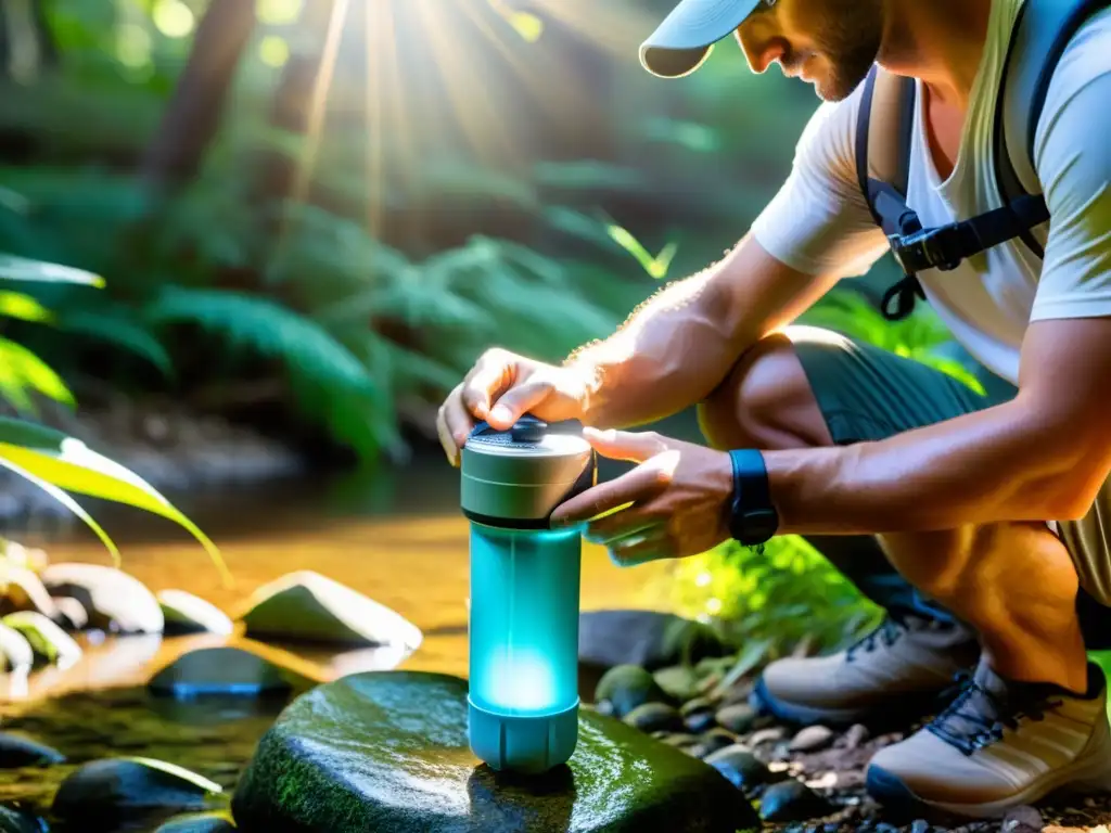 Un viajero llena un filtro de agua portátil en un entorno natural, resaltando los gadgets imprescindibles para trotamundos modernos