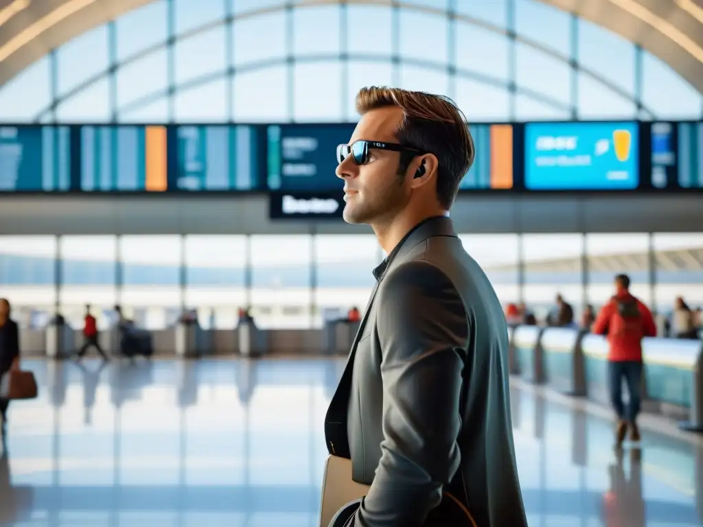 Un viajero con Bose Frames en un aeropuerto moderno