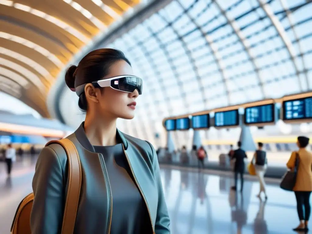 Viajero del futuro: Tecnología portátil para viajes modernos Viajero en estación futurista, usando dispositivos wearables para viajes