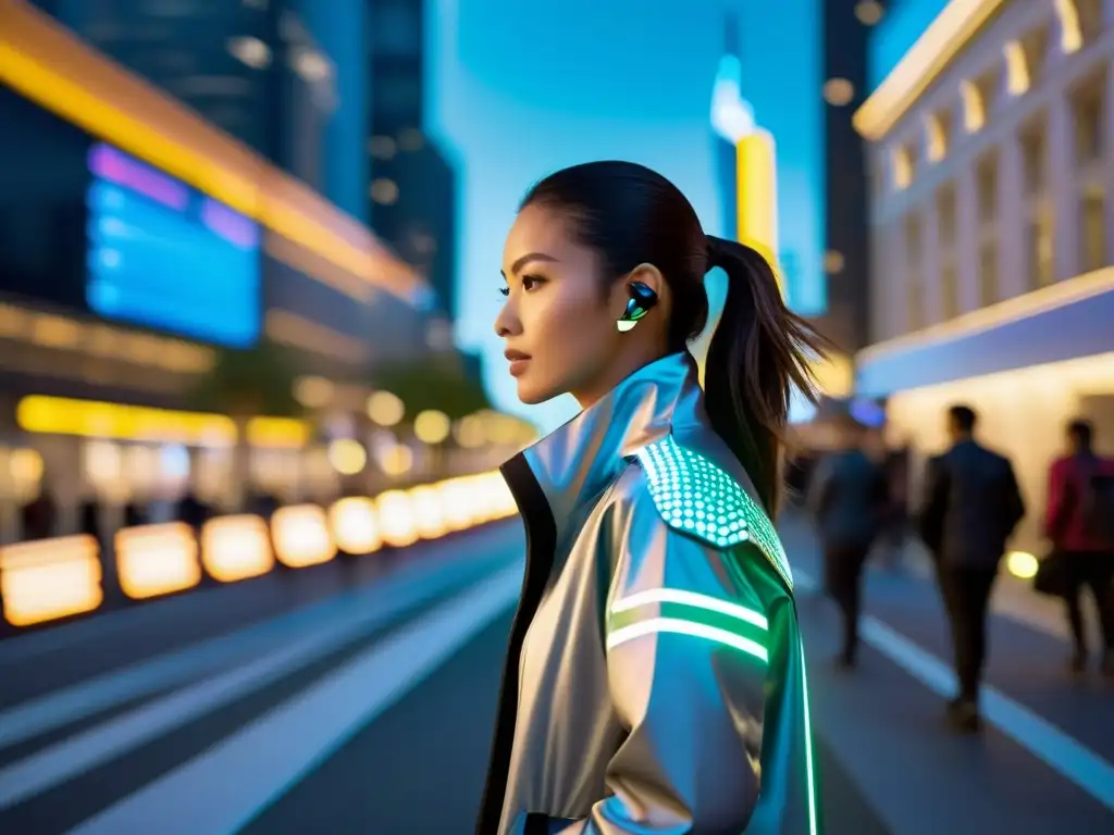 Viajero del futuro con chaqueta wearable tecnológica que muestra información en la ciudad