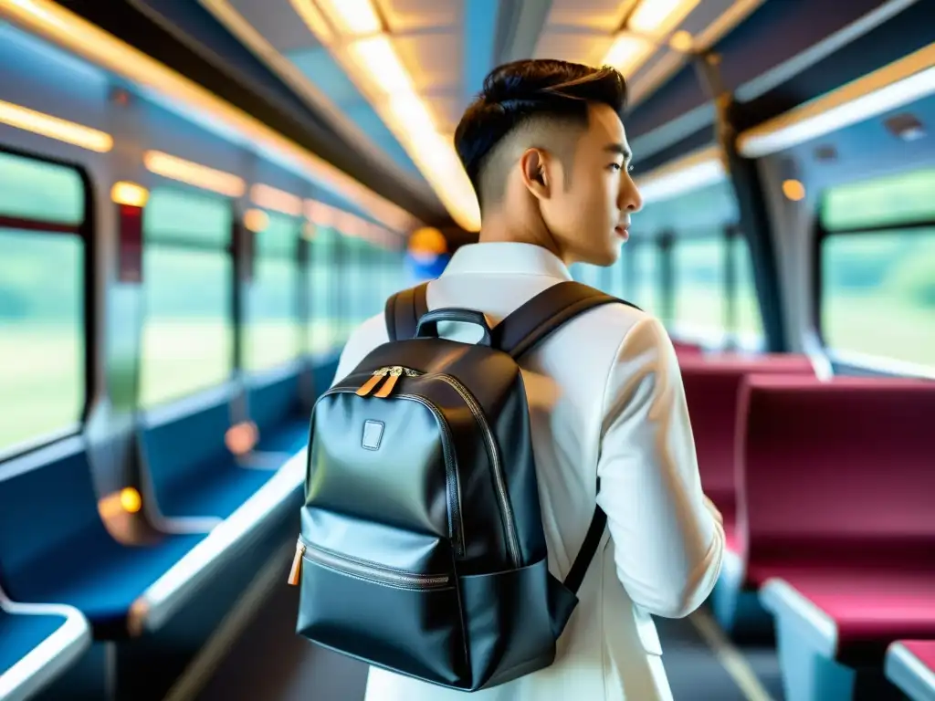 Viajero seguro utilizando gadgets antirrobo para viajeros en el tren, transmitiendo tranquilidad y confianza