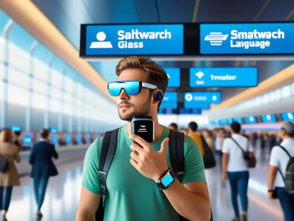 Un viajero con gadgets wearables para viajero seguro en un aeropuerto futurista, rodeado de tecnología y bullicio