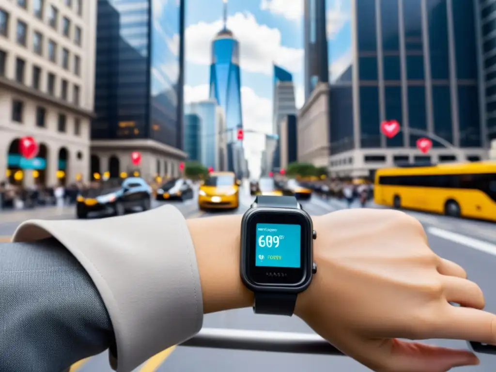 Un viajero usa gadgets wearables para viajero seguro en una ciudad futurista