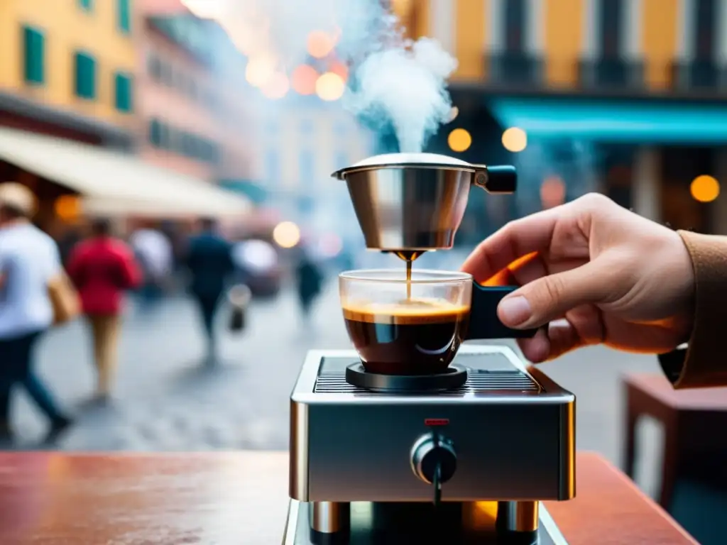 Un viajero muele granos de café fresco en una cafetera portátil en una bulliciosa plaza de la ciudad