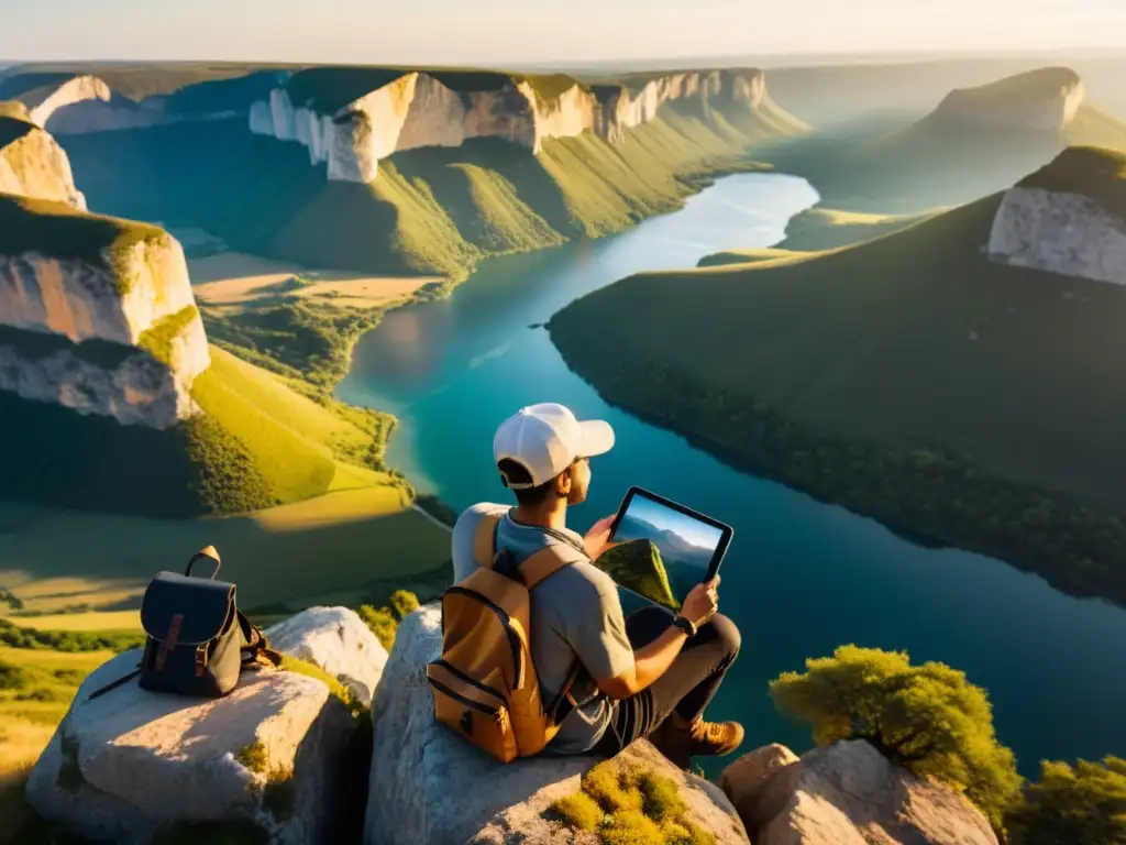 Un viajero con herramientas digitales documentando un paisaje impresionante desde un acantilado