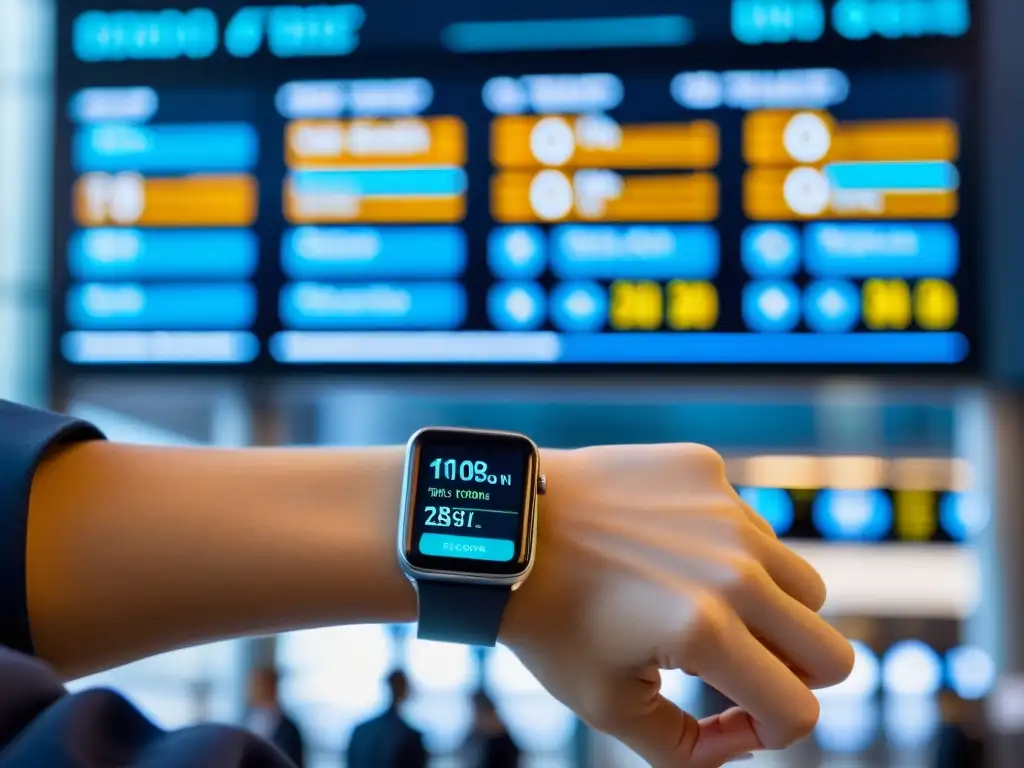 Un viajero ajusta la hora en su reloj inteligente en una terminal de aeropuerto