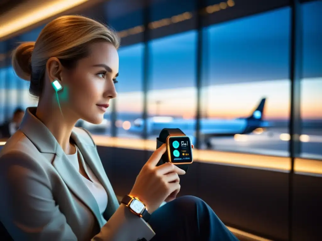 Viajero ajustando la hora en un reloj inteligente futurista en una acogedora sala de espera del aeropuerto, listo para su próximo viaje