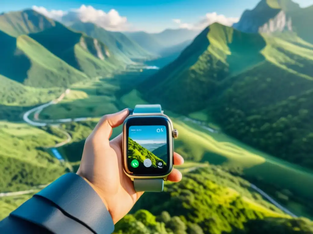 Un viajero con wearables inteligentes disfruta de la vista de montañas verdes y cielo azul