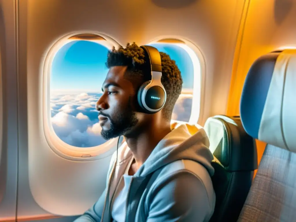 Un viajero disfruta de la libertad con auriculares inalámbricos para viajes, mirando las nubes desde la ventana del avión