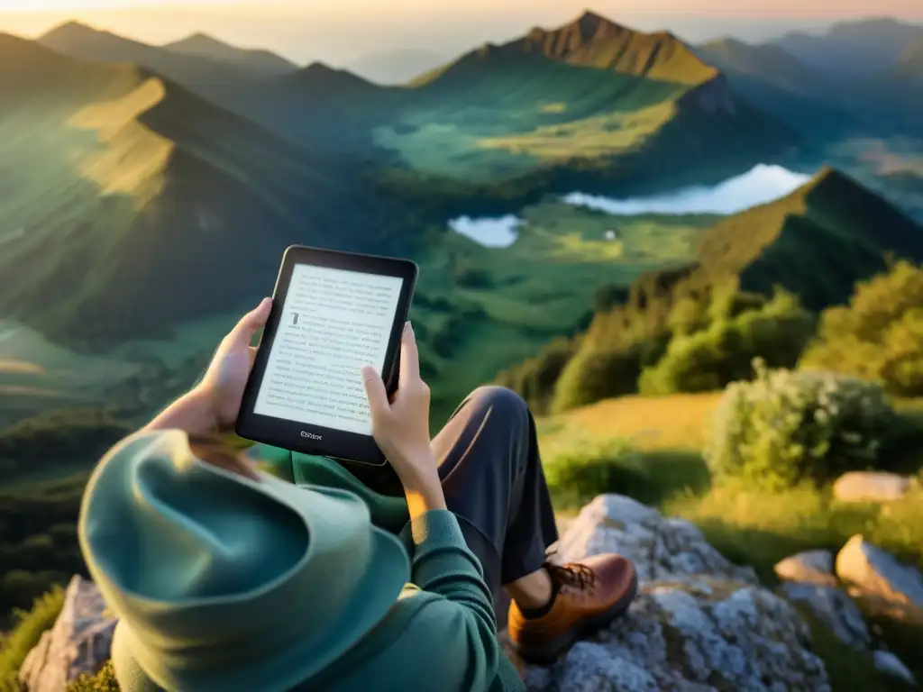 Un viajero disfruta de un libro digital en la cima de una montaña, iluminado por la suave luz de un ereader