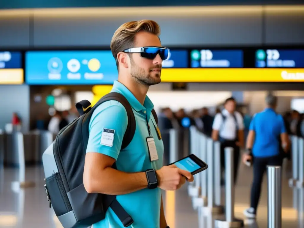 Un viajero en línea de seguridad del aeropuerto con gadgets wearables para viajero seguro