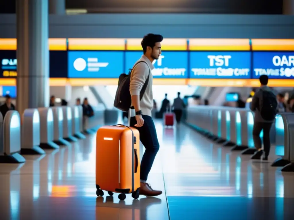 Viajero con maleta inteligente tecnológica en aeropuerto, revolucionando el transporte