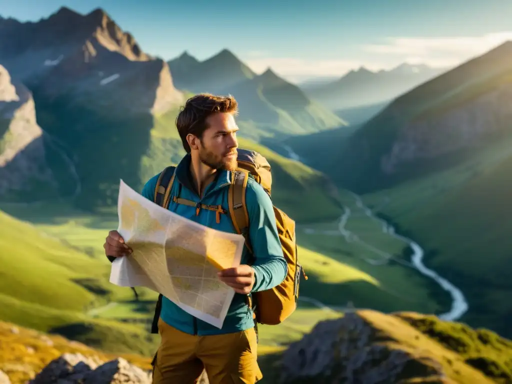 Un viajero sosteniendo un mapa de papel frente a un paisaje montañoso