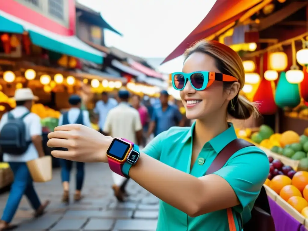 Un viajero explorando un mercado bullicioso en una ciudad extranjera con wearables inteligentes para un viaje conectado y cultural