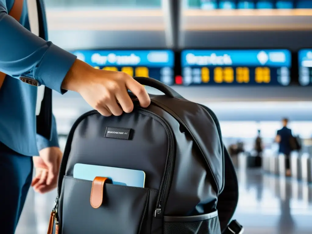 Un viajero ajustando su mochila antirrobo en un bullicioso aeropuerto, con la palabra clave 'gadgets anti robo para viajeros'