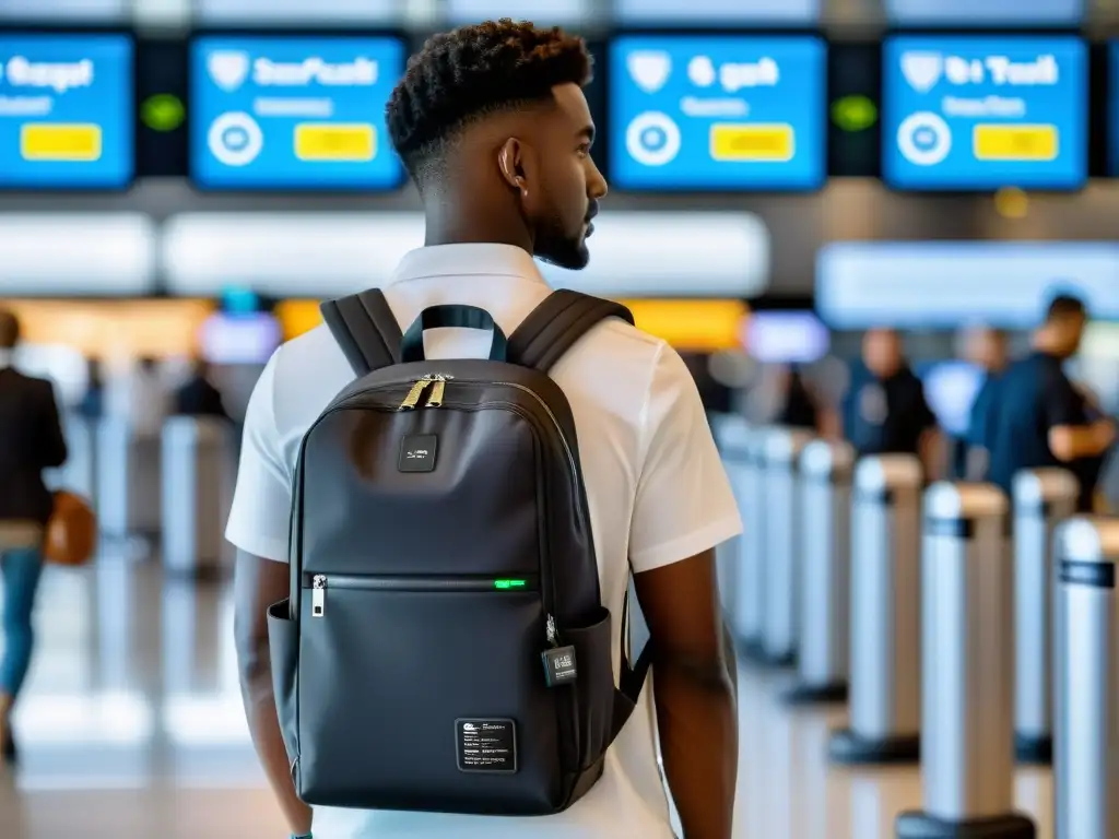 Un viajero con mochila inteligente en el aeropuerto