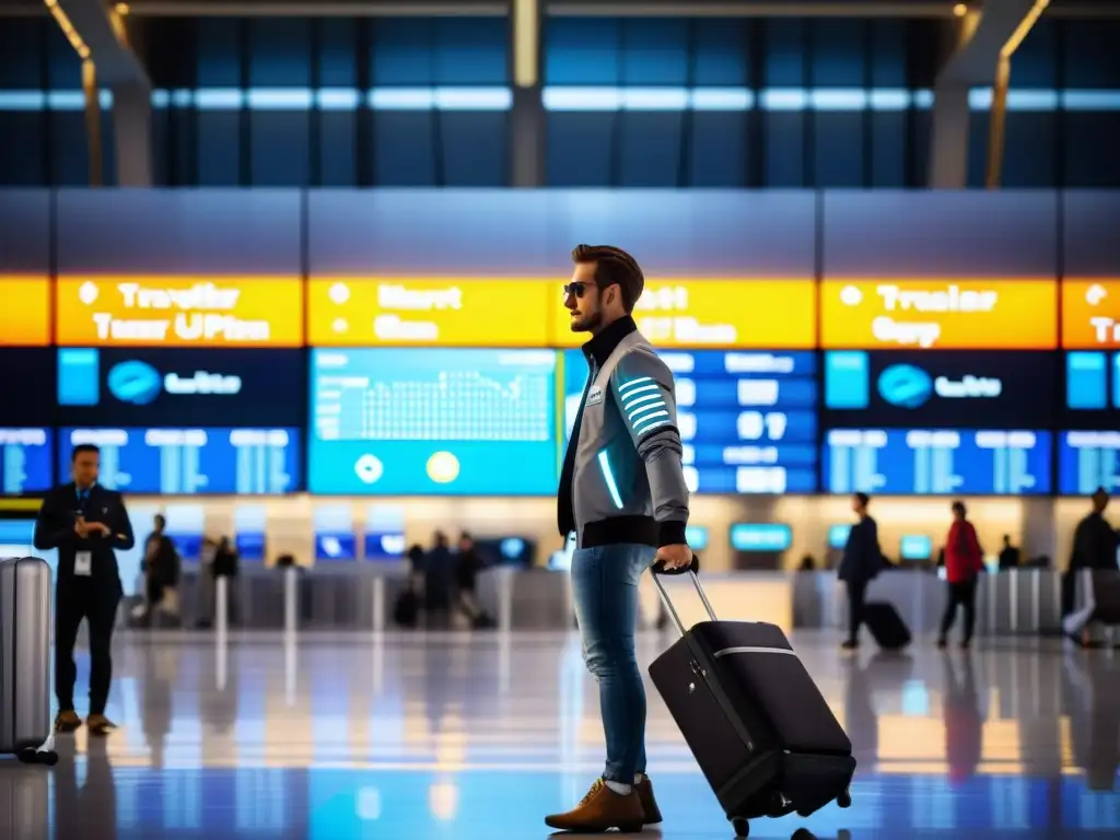 Un viajero moderno en un aeropuerto, con una chaqueta inteligente y una maleta futurista