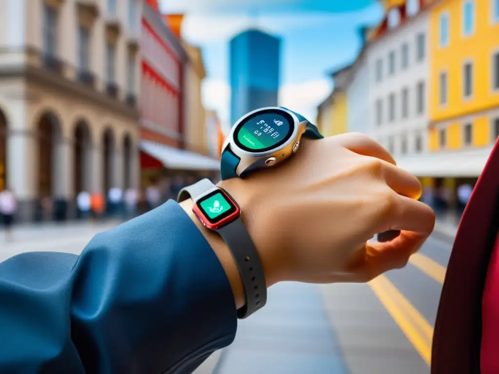 Un viajero moderno explorando la ciudad con un smartwatch para viajero seguro integrado en su atuendo