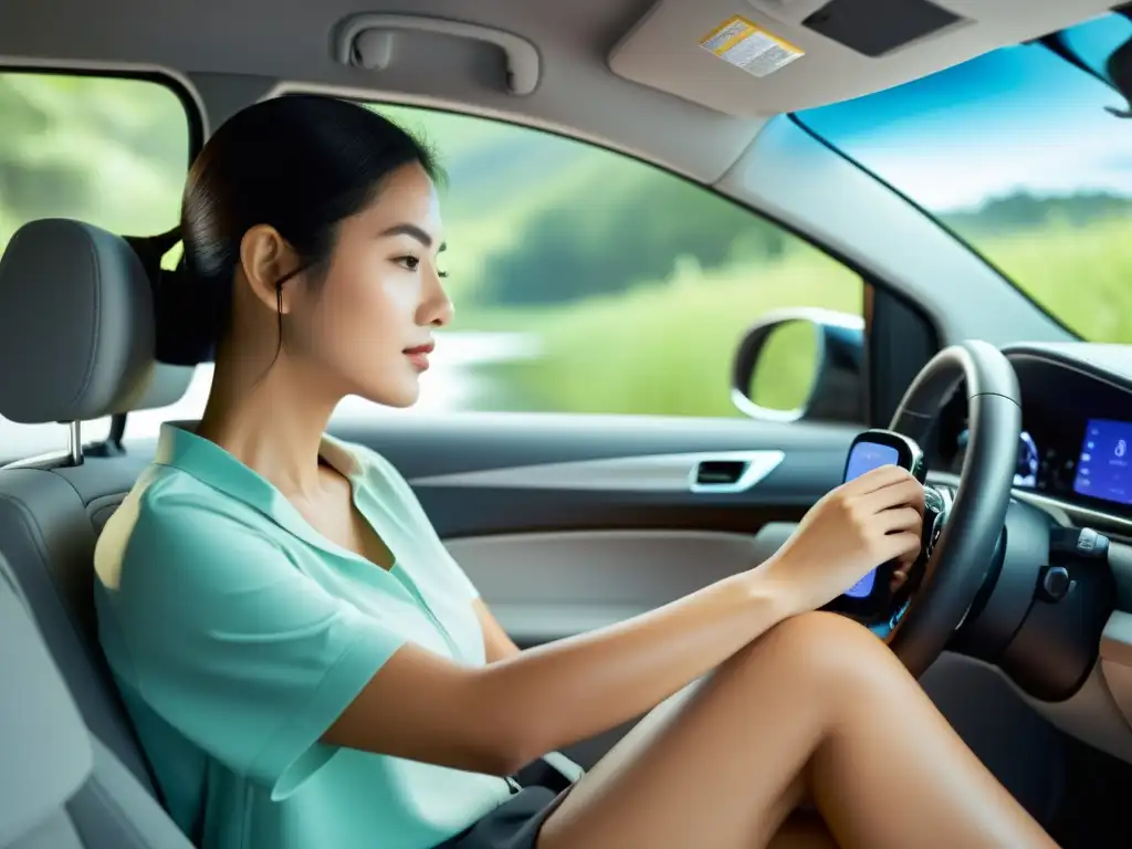 Un viajero ajusta un moderno climatizador portátil en un coche compacto, creando un ambiente fresco