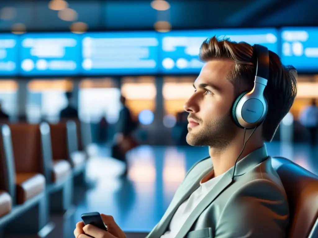 Un viajero moderno disfruta de comodidad y movilidad con auriculares inalámbricos para viajes en aeropuerto animado