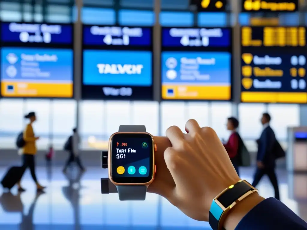 Un viajero usando un moderno smartwatch con control de voz, en un bullicioso aeropuerto