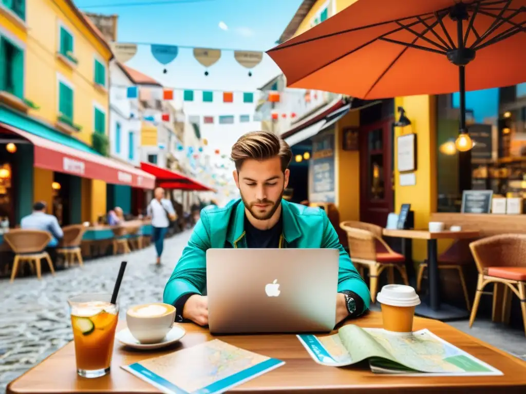 Un viajero moderno organiza su viaje en un bullicioso café urbano, rodeado de mapas y dispositivos digitales