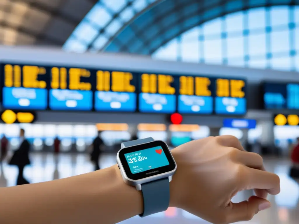 Un viajero con un monitor de salud en la muñeca, en un aeropuerto concurrido